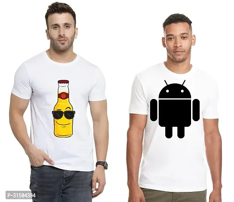 Stylish White Polyester Printed Short Sleeves T-Shirt For Men Pack Of 2