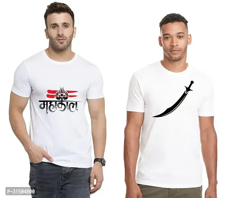 Stylish White Polyester Printed Short Sleeves T-Shirt For Men Pack Of 2