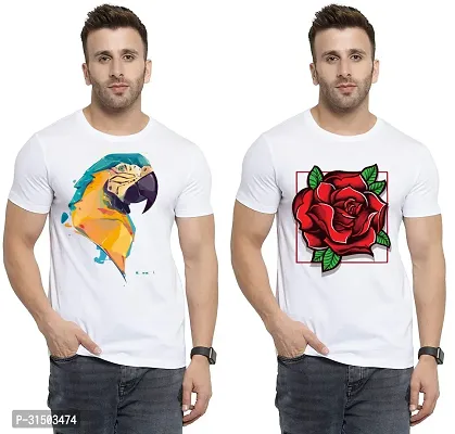 Stylish White Polyester Printed Short Sleeves T-Shirt For Men Pack Of 2-thumb0