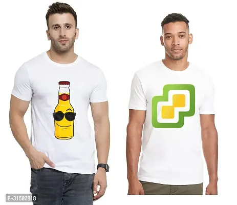 Stylish White Polyester Printed Short Sleeves T-Shirt For Men Pack Of 2