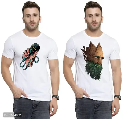 Stylish White Polyester Printed Short Sleeves T-Shirt For Men Pack Of 2