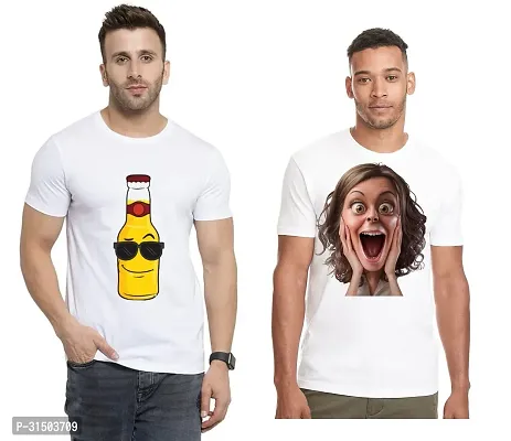 Stylish White Polyester Printed Short Sleeves T-Shirt For Men Pack Of 2