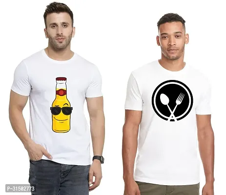 Stylish White Polyester Printed Short Sleeves T-Shirt For Men Pack Of 2