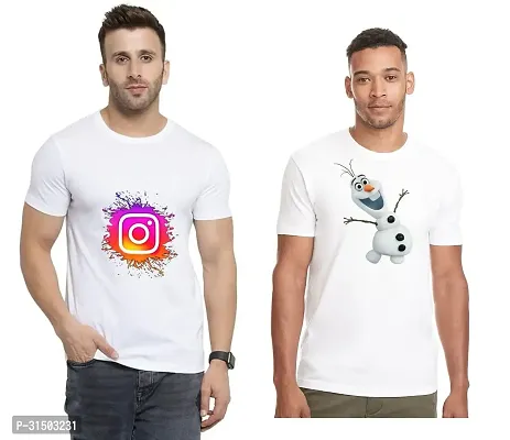 Stylish White Polyester Printed Short Sleeves T-Shirt For Men Pack Of 2