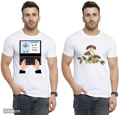 Stylish White Polyester Printed Short Sleeves T-Shirt For Men Pack Of 2-thumb0