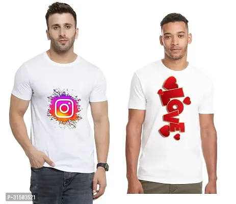 Stylish White Polyester Printed Short Sleeves T-Shirt For Men Pack Of 2