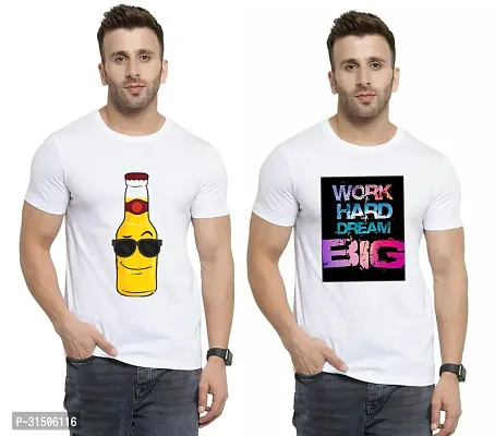 Stylish White Polyester Printed Short Sleeves T-Shirt For Men Pack Of 2