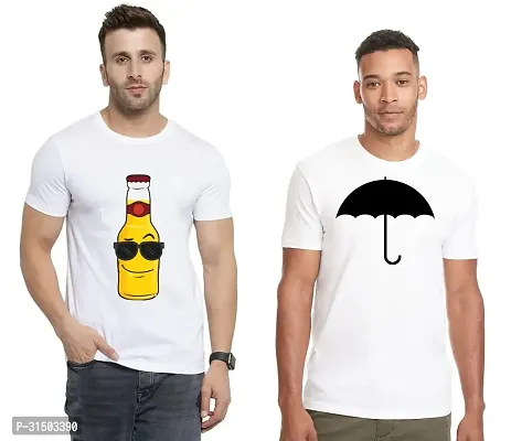 Stylish White Polyester Printed Short Sleeves T-Shirt For Men Pack Of 2