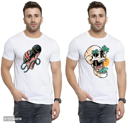 Stylish White Polyester Printed Short Sleeves T-Shirt For Men Pack Of 2-thumb0