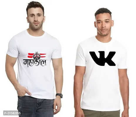 Stylish White Polyester Printed Short Sleeves T-Shirt For Men Pack Of 2