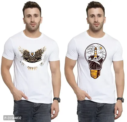 Stylish White Polyester Printed Short Sleeves T-Shirt For Men Pack Of 2-thumb0