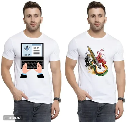 Stylish White Polyester Printed Short Sleeves T-Shirt For Men Pack Of 2