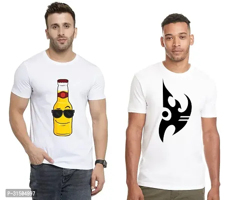 Stylish White Polyester Printed Short Sleeves T-Shirt For Men Pack Of 2