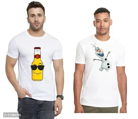 Stylish White Polyester Printed Short Sleeves T-Shirt For Men Pack Of 2