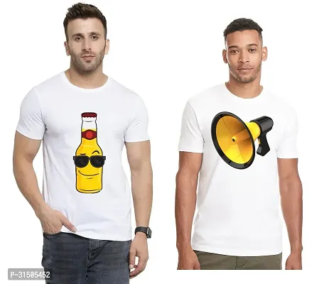 Stylish White Polyester Printed Short Sleeves T-Shirt For Men Pack Of 2