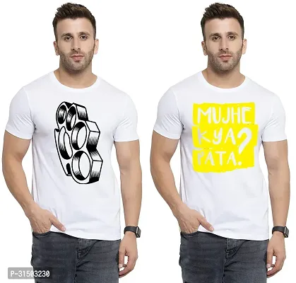 Stylish White Polyester Printed Short Sleeves T-Shirt For Men Pack Of 2-thumb0