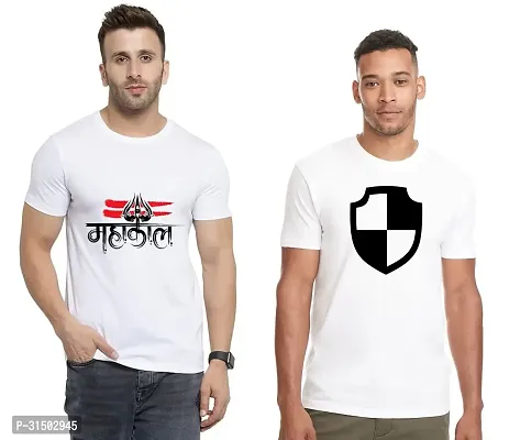 Stylish White Polyester Printed Short Sleeves T-Shirt For Men Pack Of 2