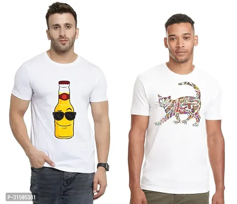 Stylish White Polyester Printed Short Sleeves T-Shirt For Men Pack Of 2