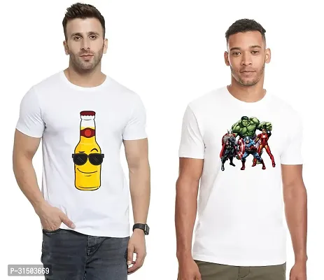 Stylish White Polyester Printed Short Sleeves T-Shirt For Men Pack Of 2