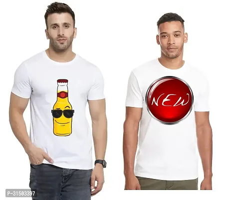 Stylish White Polyester Printed Short Sleeves T-Shirt For Men Pack Of 2