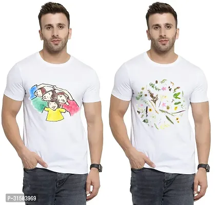 Stylish White Polyester Printed Short Sleeves T-Shirt For Men Pack Of 2