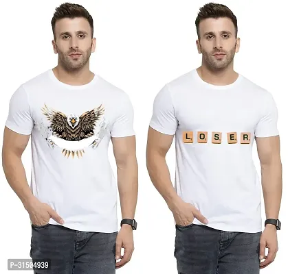 Stylish White Polyester Printed Short Sleeves T-Shirt For Men Pack Of 2-thumb0