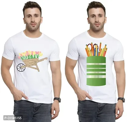 Stylish White Polyester Printed Short Sleeves T-Shirt For Men Pack Of 2-thumb0