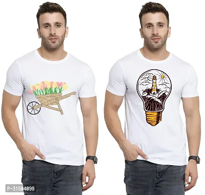 Stylish White Polyester Printed Short Sleeves T-Shirt For Men Pack Of 2-thumb0