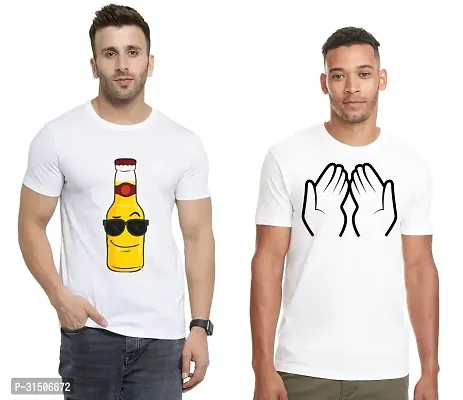 Stylish White Polyester Printed Short Sleeves T-Shirt For Men Pack Of 2