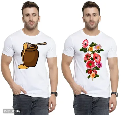 Stylish White Polyester Printed Short Sleeves T-Shirt For Men Pack Of 2-thumb0