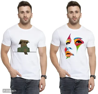 Stylish White Polyester Printed Short Sleeves T-Shirt For Men Pack Of 2