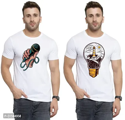 Stylish White Polyester Printed Short Sleeves T-Shirt For Men Pack Of 2-thumb0