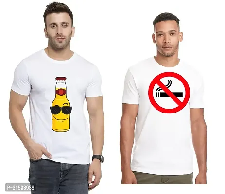 Stylish White Polyester Printed Short Sleeves T-Shirt For Men Pack Of 2