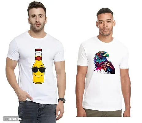 Stylish White Polyester Printed Short Sleeves T-Shirt For Men Pack Of 2