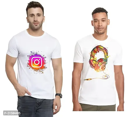 Stylish White Polyester Printed Short Sleeves T-Shirt For Men Pack Of 2