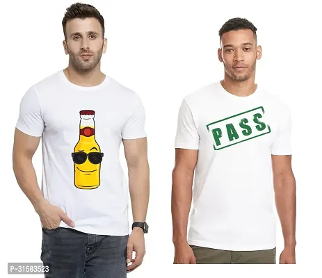 Stylish White Polyester Printed Short Sleeves T-Shirt For Men Pack Of 2