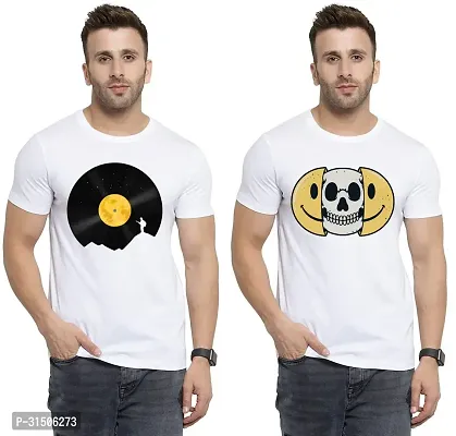 Stylish White Polyester Printed Short Sleeves T-Shirt For Men Pack Of 2