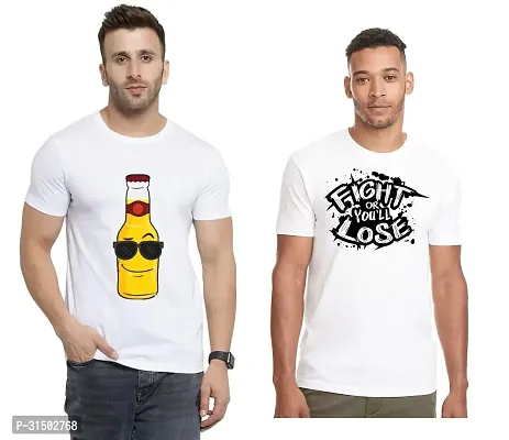 Stylish White Polyester Printed Short Sleeves T-Shirt For Men Pack Of 2