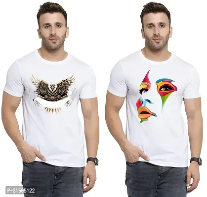 Stylish White Polyester Printed Short Sleeves T-Shirt For Men Pack Of 2