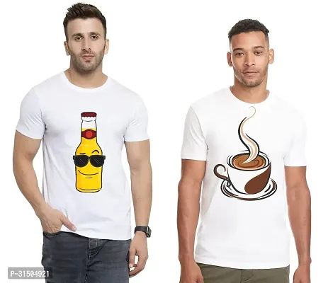 Stylish White Polyester Printed Short Sleeves T-Shirt For Men Pack Of 2-thumb0