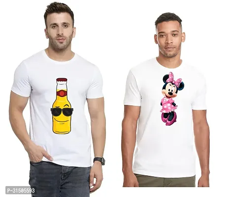 Stylish White Polyester Printed Short Sleeves T-Shirt For Men Pack Of 2