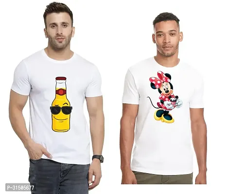 Stylish White Polyester Printed Short Sleeves T-Shirt For Men Pack Of 2