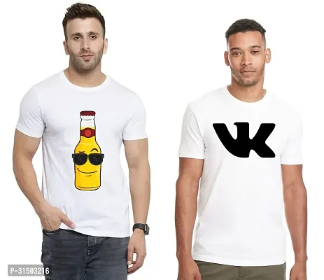 Stylish White Polyester Printed Short Sleeves T-Shirt For Men Pack Of 2