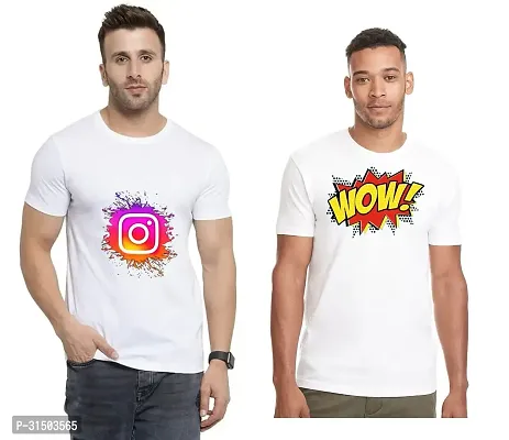 Stylish White Polyester Printed Short Sleeves T-Shirt For Men Pack Of 2