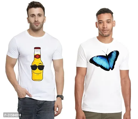 Stylish White Polyester Printed Short Sleeves T-Shirt For Men Pack Of 2