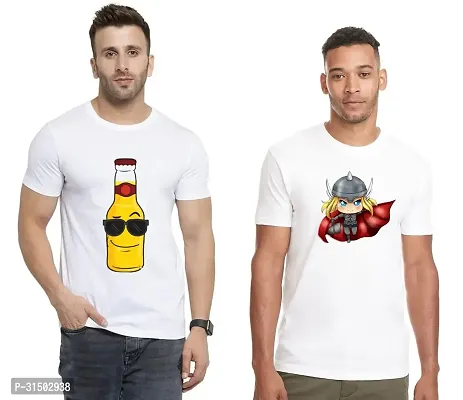 Stylish White Polyester Printed Short Sleeves T-Shirt For Men Pack Of 2