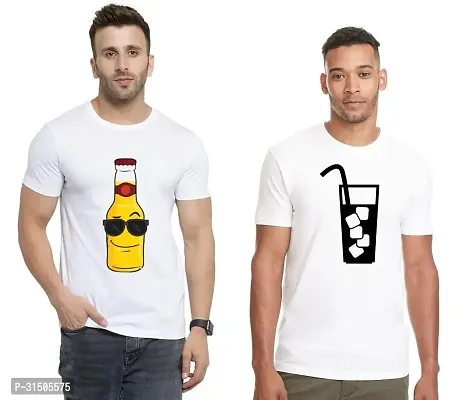 Stylish White Polyester Printed Short Sleeves T-Shirt For Men Pack Of 2