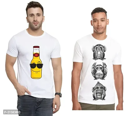 Stylish White Polyester Printed Short Sleeves T-Shirt For Men Pack Of 2