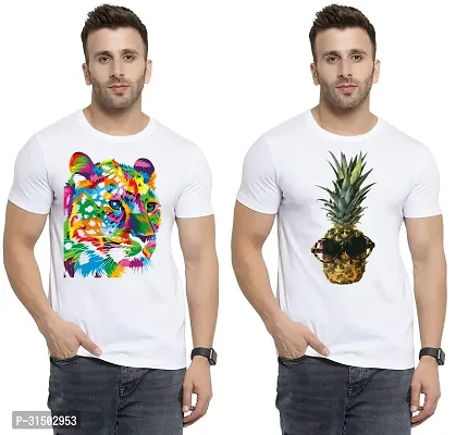 Stylish White Polyester Printed Short Sleeves T-Shirt For Men Pack Of 2-thumb0