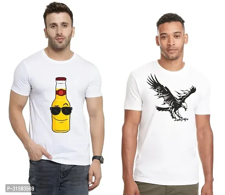 Stylish White Polyester Printed Short Sleeves T-Shirt For Men Pack Of 2